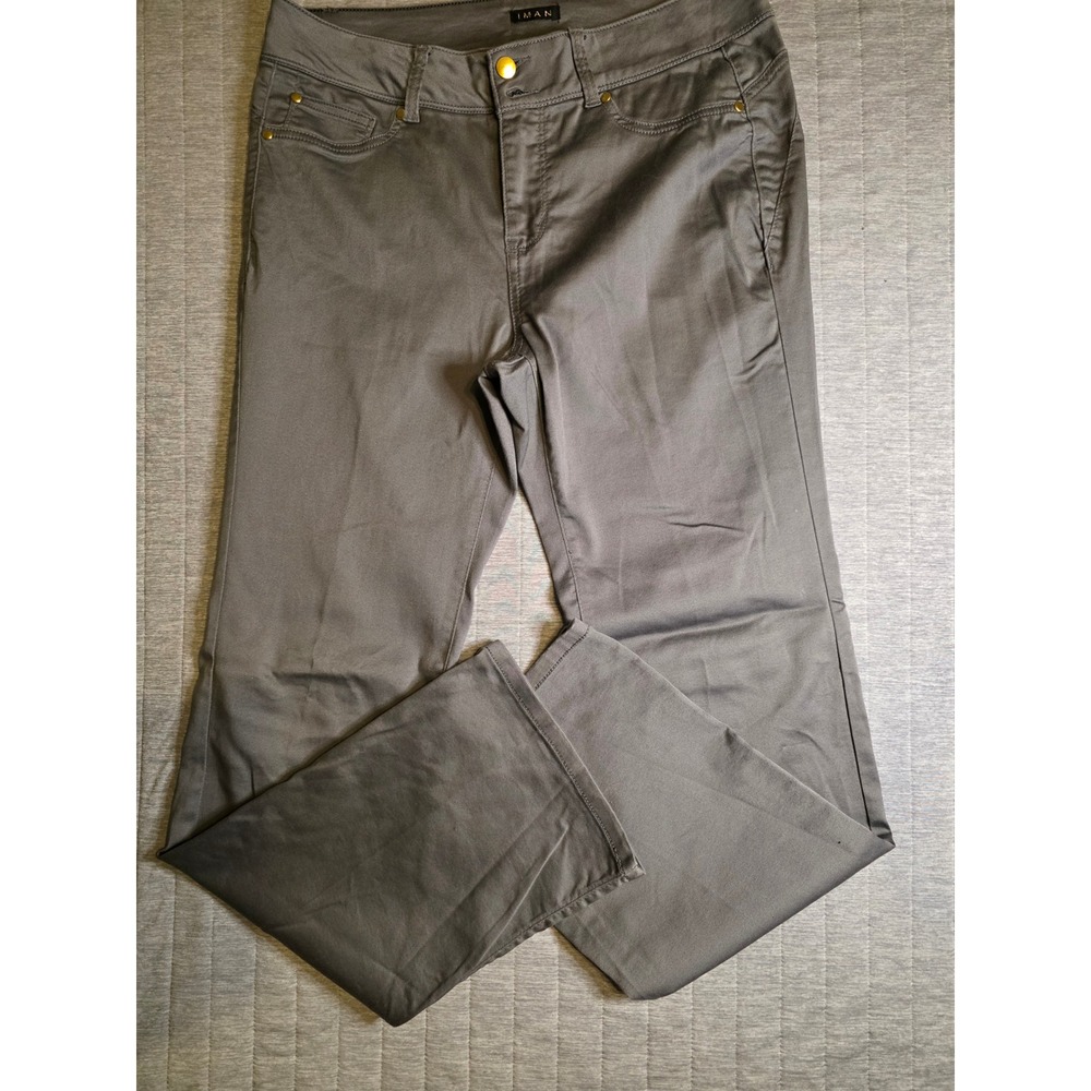 1415 IMAN Global Chic Womens Sz 12 Gray Bootcut Stretch Cotton Blend Pants Gold